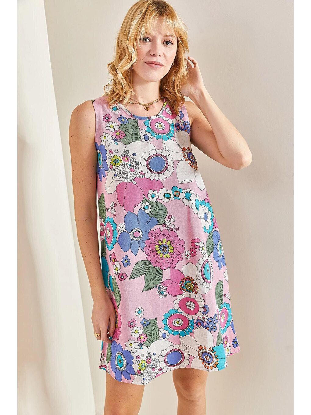 Pembe Kadın Multi Çiçek Desenli Elbise