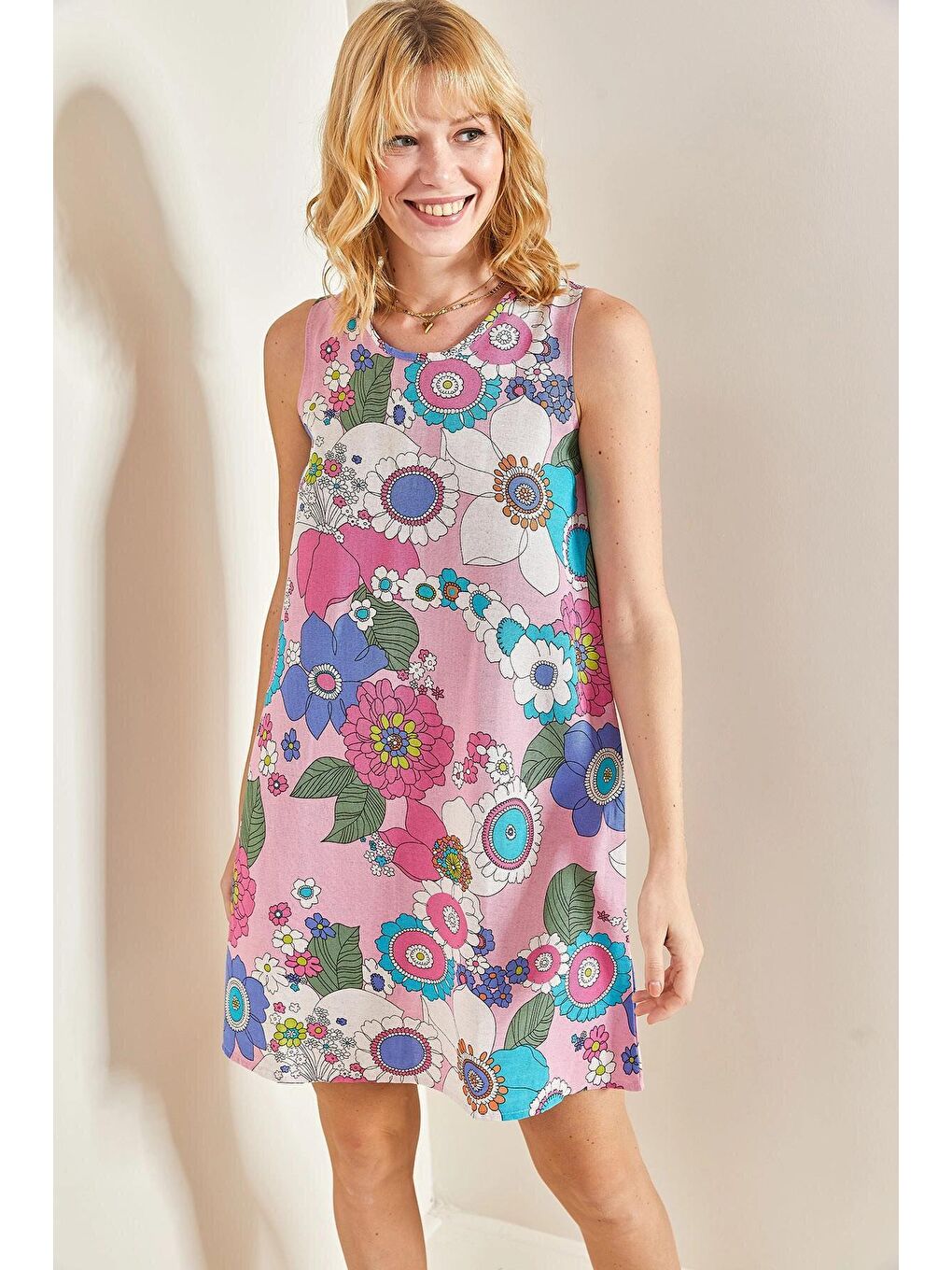 Pembe Kadın Multi Çiçek Desenli Elbise-1