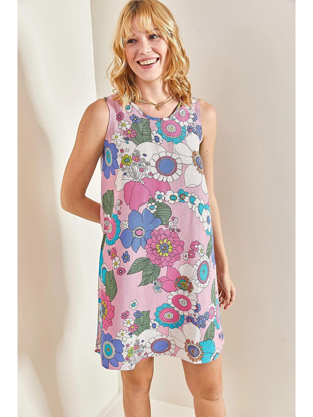 Pembe Kadın Multi Çiçek Desenli Elbise-2