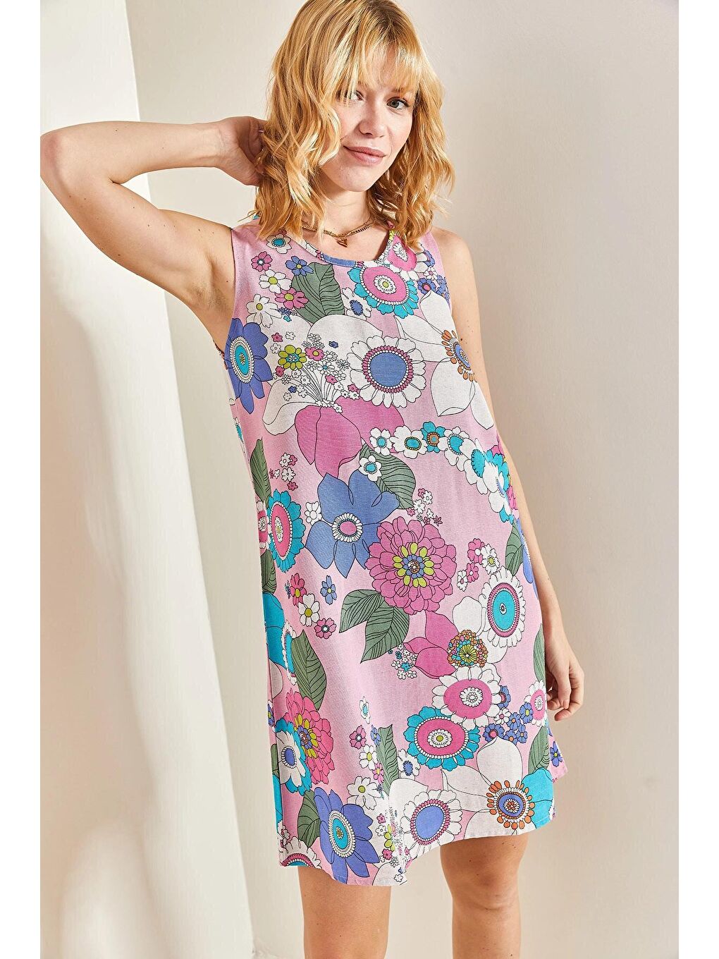 Pembe Kadın Multi Çiçek Desenli Elbise-3