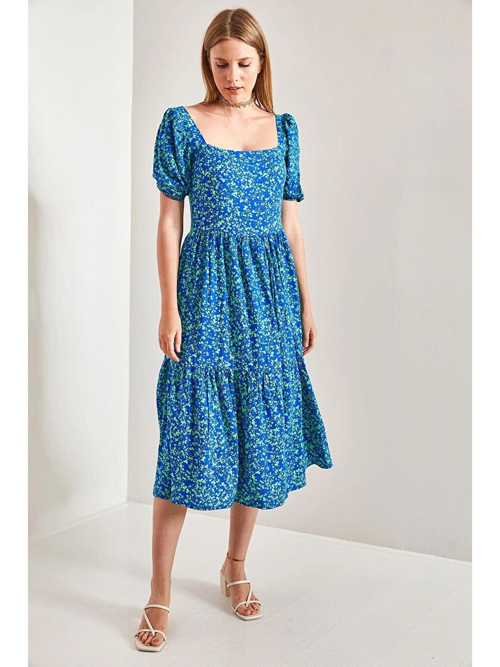 Mavi Kadın Madonna Yaka Çiçek Desenli Elbise-1