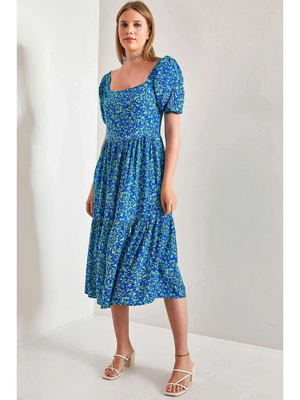 Mavi Kadın Madonna Yaka Çiçek Desenli Elbise-2