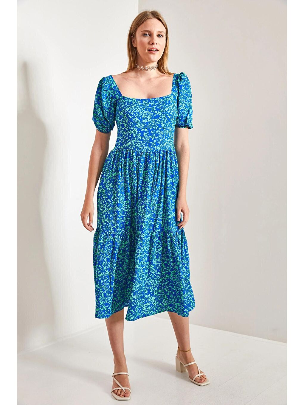 Mavi Kadın Madonna Yaka Çiçek Desenli Elbise-3