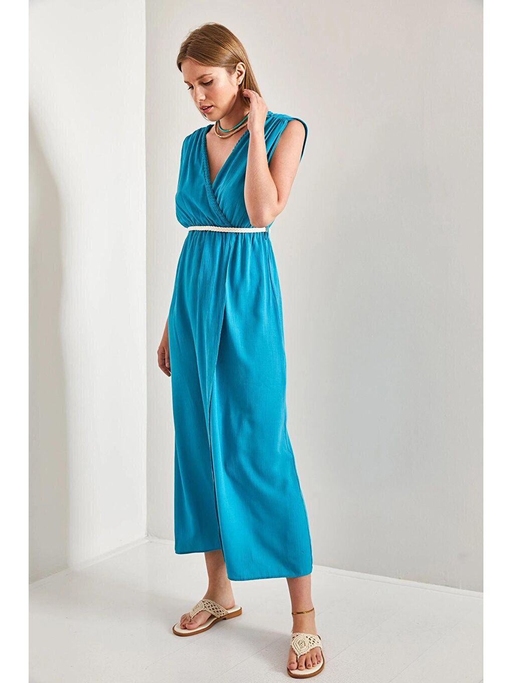 Mavi Kadın Askılı Beli Hasır İp Bağlamalı Elbise-1