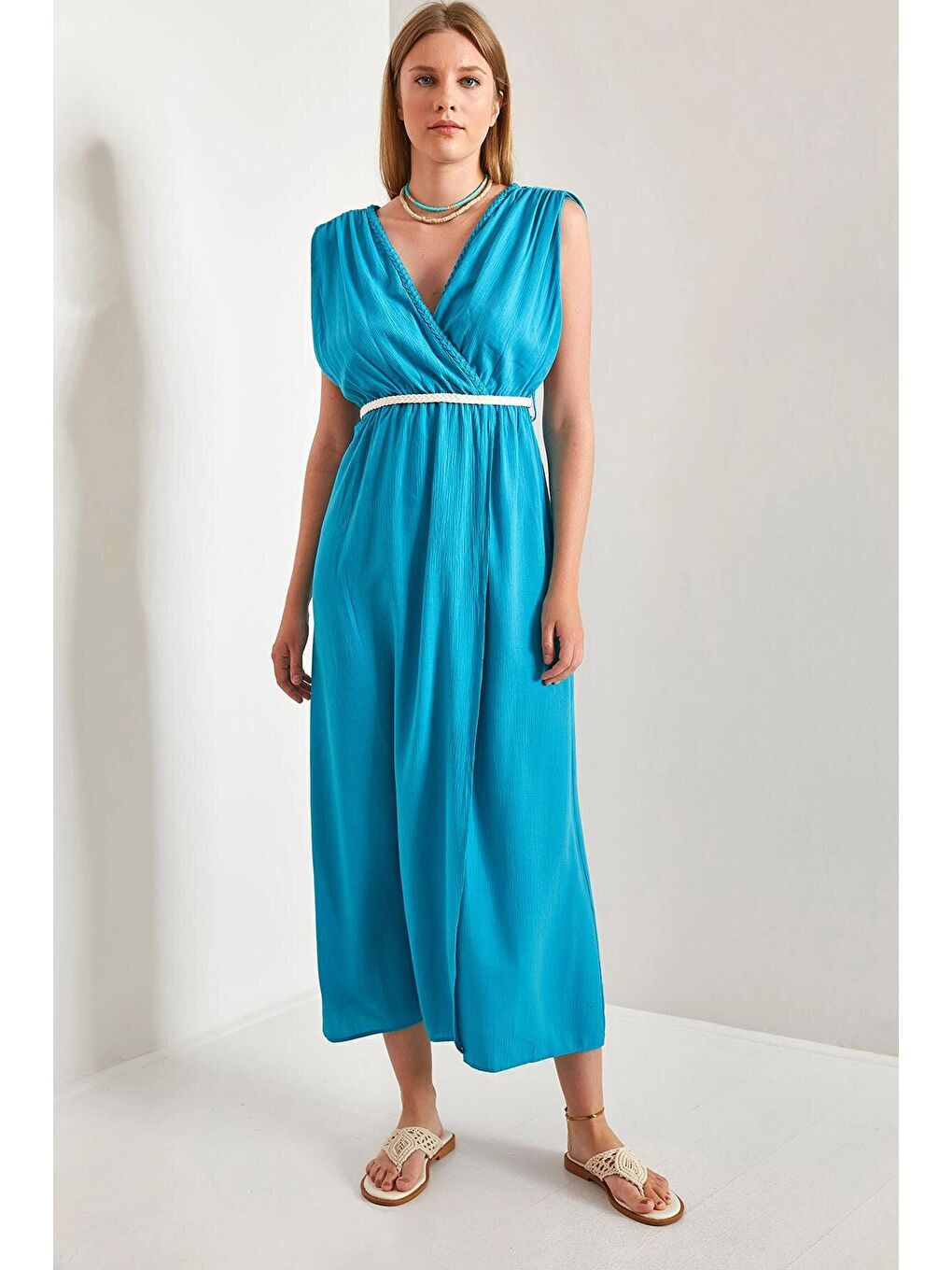 Mavi Kadın Askılı Beli Hasır İp Bağlamalı Elbise-2