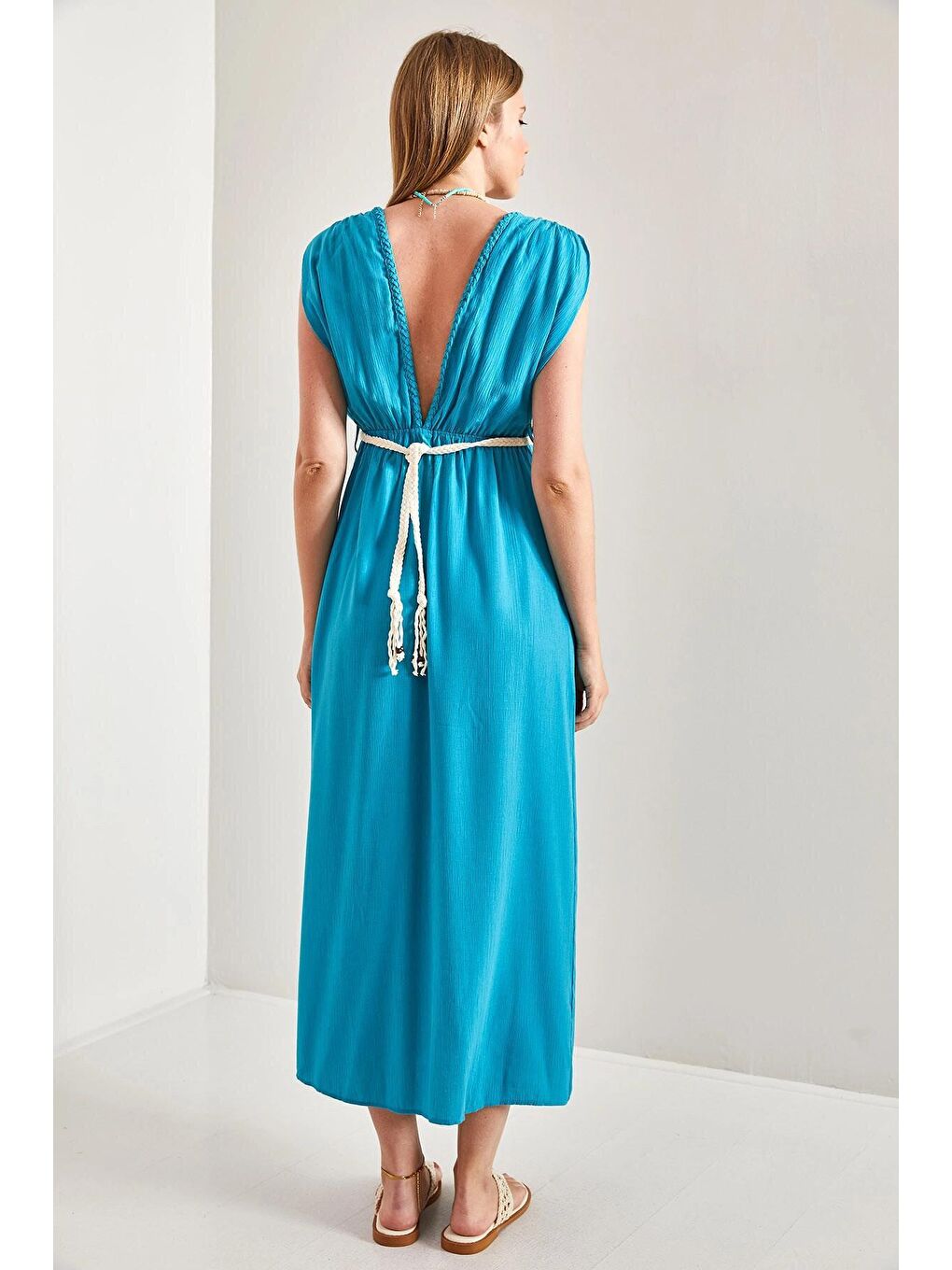 Mavi Kadın Askılı Beli Hasır İp Bağlamalı Elbise-3