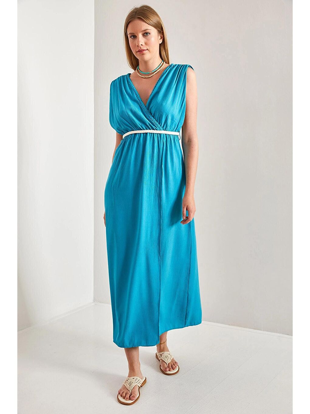 Mavi Kadın Askılı Beli Hasır İp Bağlamalı Elbise-4