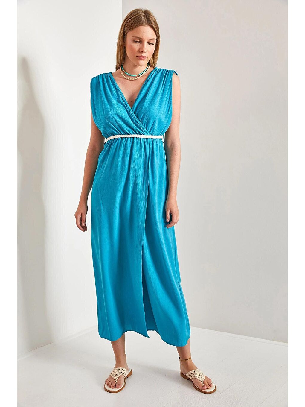 Mavi Kadın Askılı Beli Hasır İp Bağlamalı Elbise