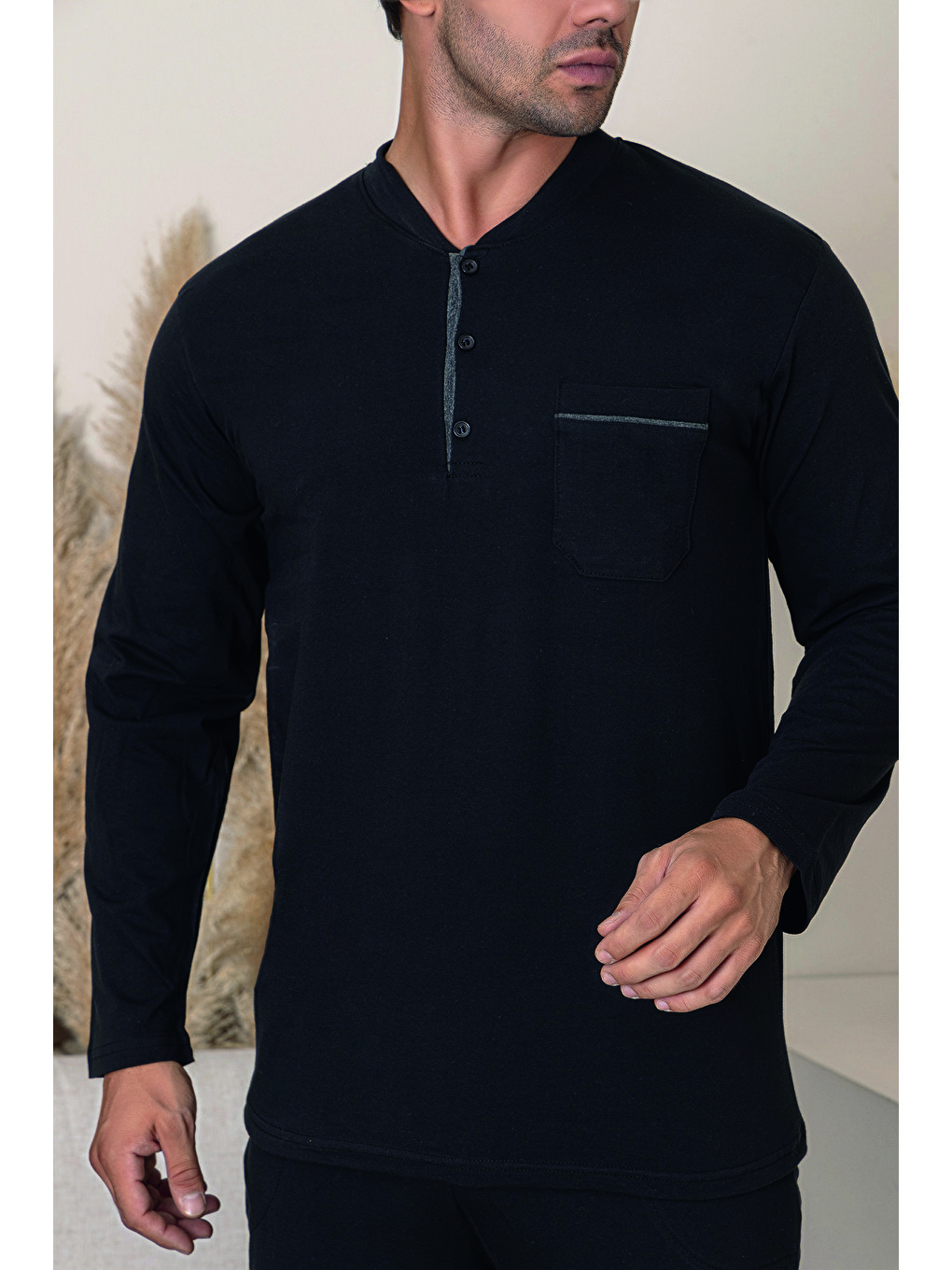 Erkek Siyah %100 Organik Doğal Pamuk Yüksek Kalite Düğmeli Uzun Kollu Pijama Takımı-1