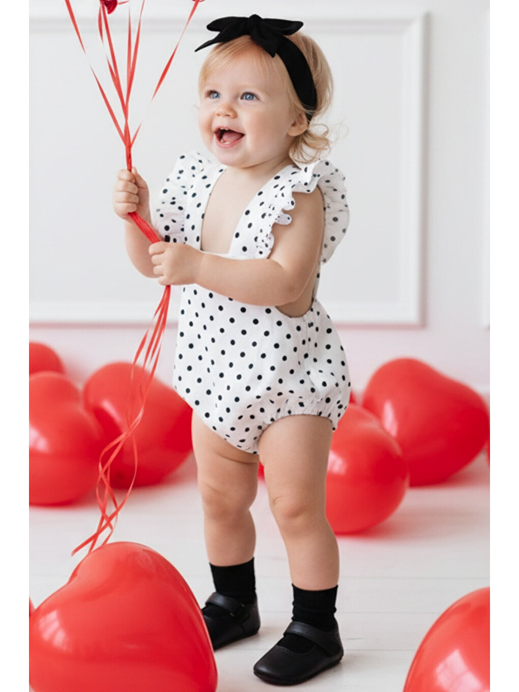 Siyah Kız Bebek Bliss Viskon Pamuklu Puantiyeli Salopet Bandana Takım