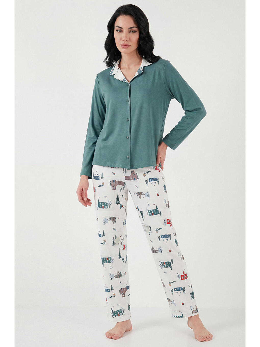 Yeşil Desenli Regular Fit Apaş Yaka Beli Lastikli Bol Paça Kadın Pijama Takımı 65714300-4