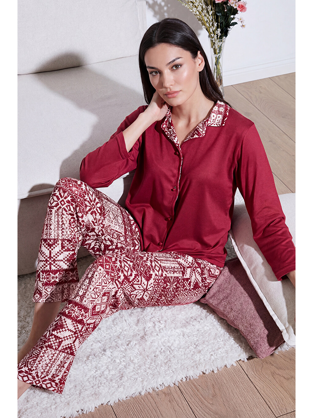 Bordo Desenli Regular Fit Apaş Yaka Beli Lastikli Bol Paça Kadın Pijama Takımı 65714300-1