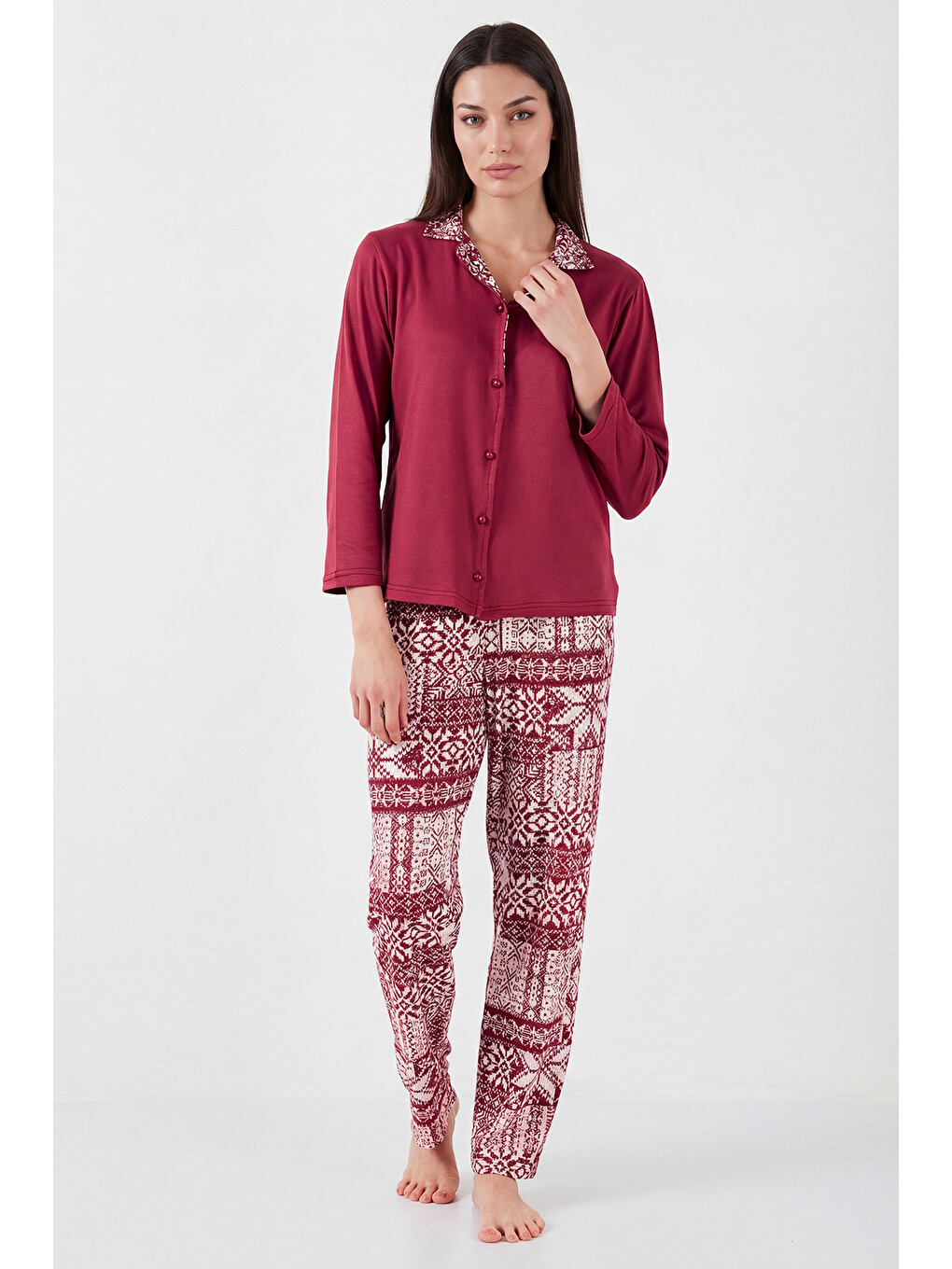 Bordo Desenli Regular Fit Apaş Yaka Beli Lastikli Bol Paça Kadın Pijama Takımı 65714300-2