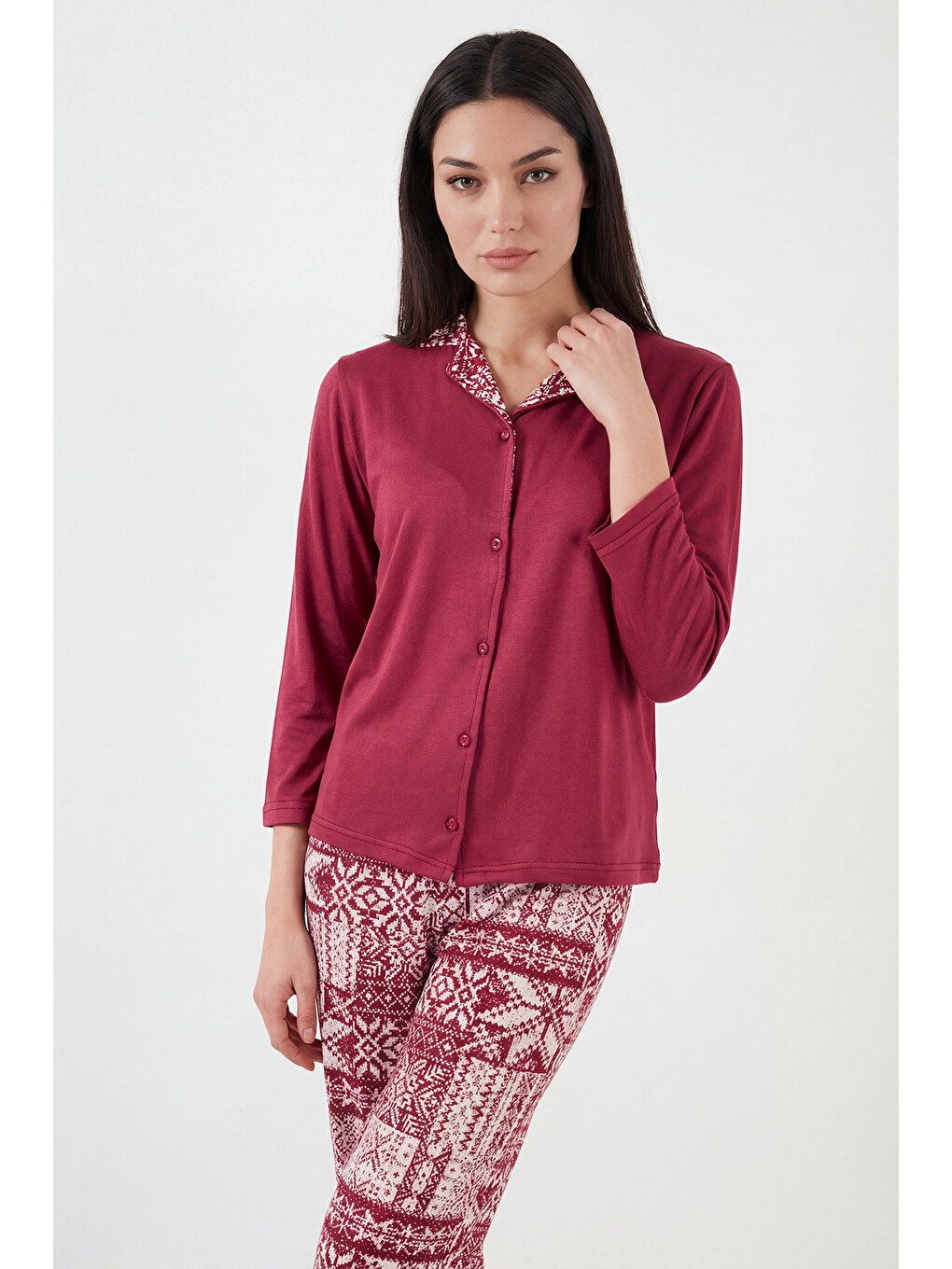 Bordo Desenli Regular Fit Apaş Yaka Beli Lastikli Bol Paça Kadın Pijama Takımı 65714300-3
