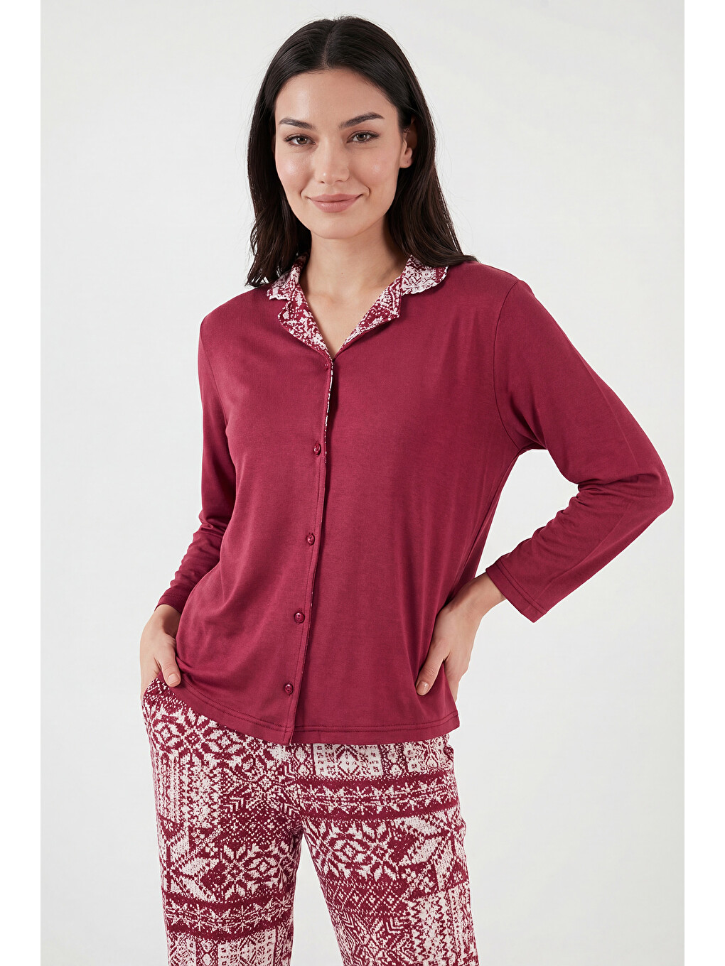 Bordo Desenli Regular Fit Apaş Yaka Beli Lastikli Bol Paça Kadın Pijama Takımı 65714300-4