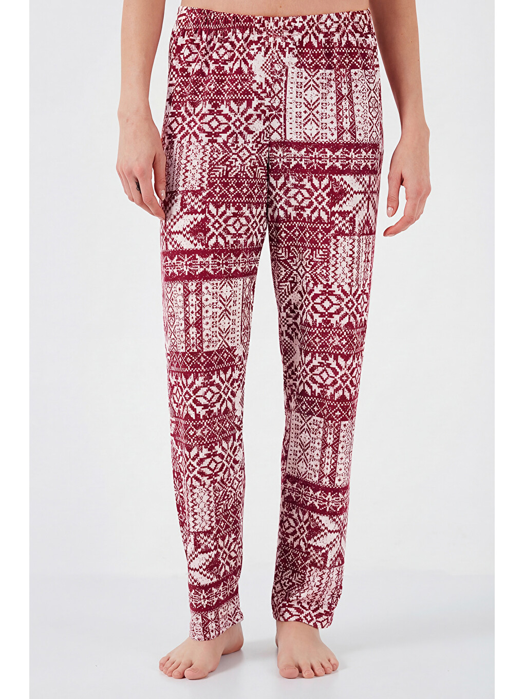 Bordo Desenli Regular Fit Apaş Yaka Beli Lastikli Bol Paça Kadın Pijama Takımı 65714300-5