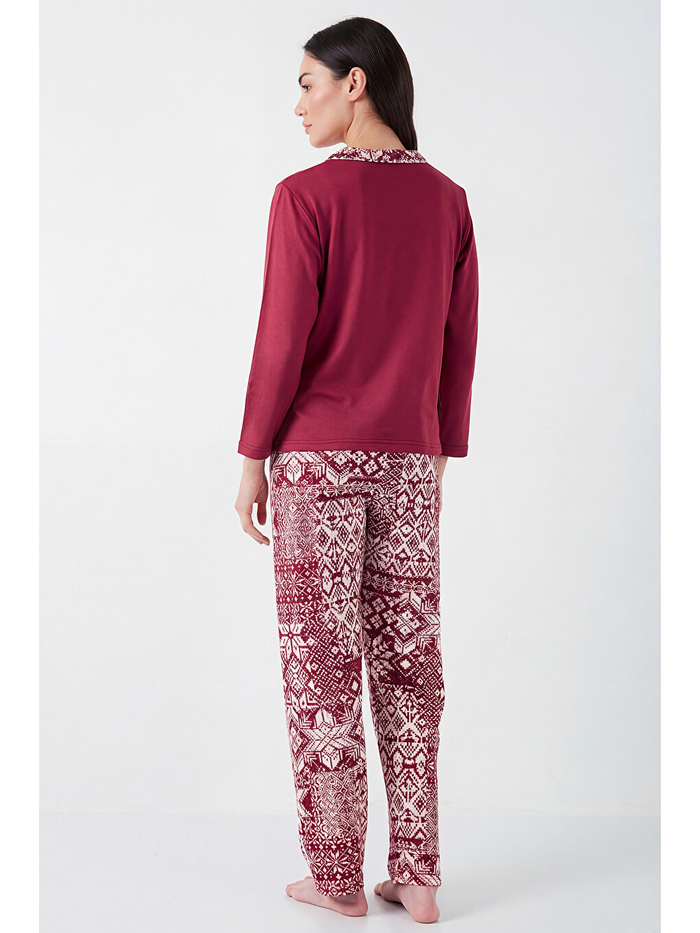 Bordo Desenli Regular Fit Apaş Yaka Beli Lastikli Bol Paça Kadın Pijama Takımı 65714300-6