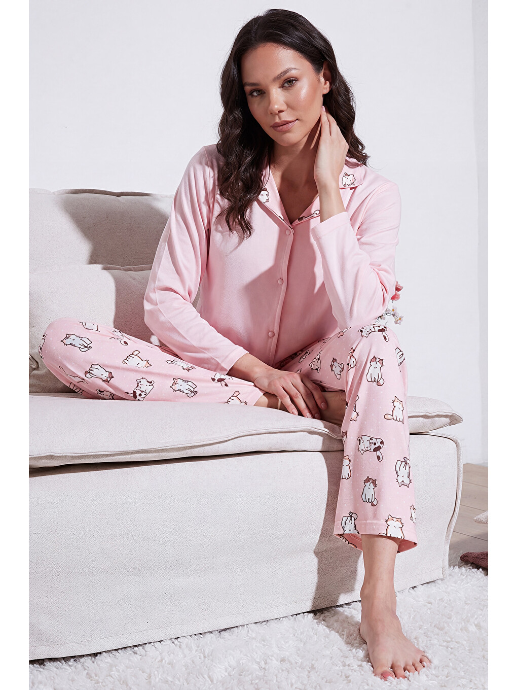 Pembe Desenli Regular Fit Apaş Yaka Beli Lastikli Bol Paça Kadın Pijama Takımı 65714300-1
