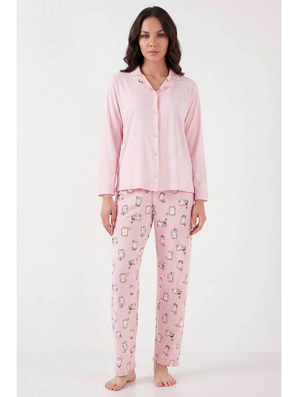 Pembe Desenli Regular Fit Apaş Yaka Beli Lastikli Bol Paça Kadın Pijama Takımı 65714300-2