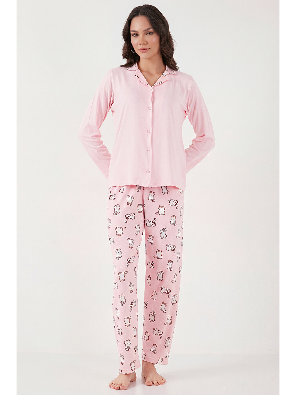 Pembe Desenli Regular Fit Apaş Yaka Beli Lastikli Bol Paça Kadın Pijama Takımı 65714300-3