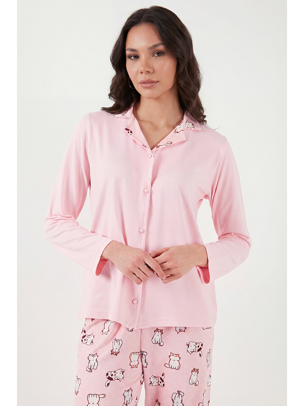 Pembe Desenli Regular Fit Apaş Yaka Beli Lastikli Bol Paça Kadın Pijama Takımı 65714300-4