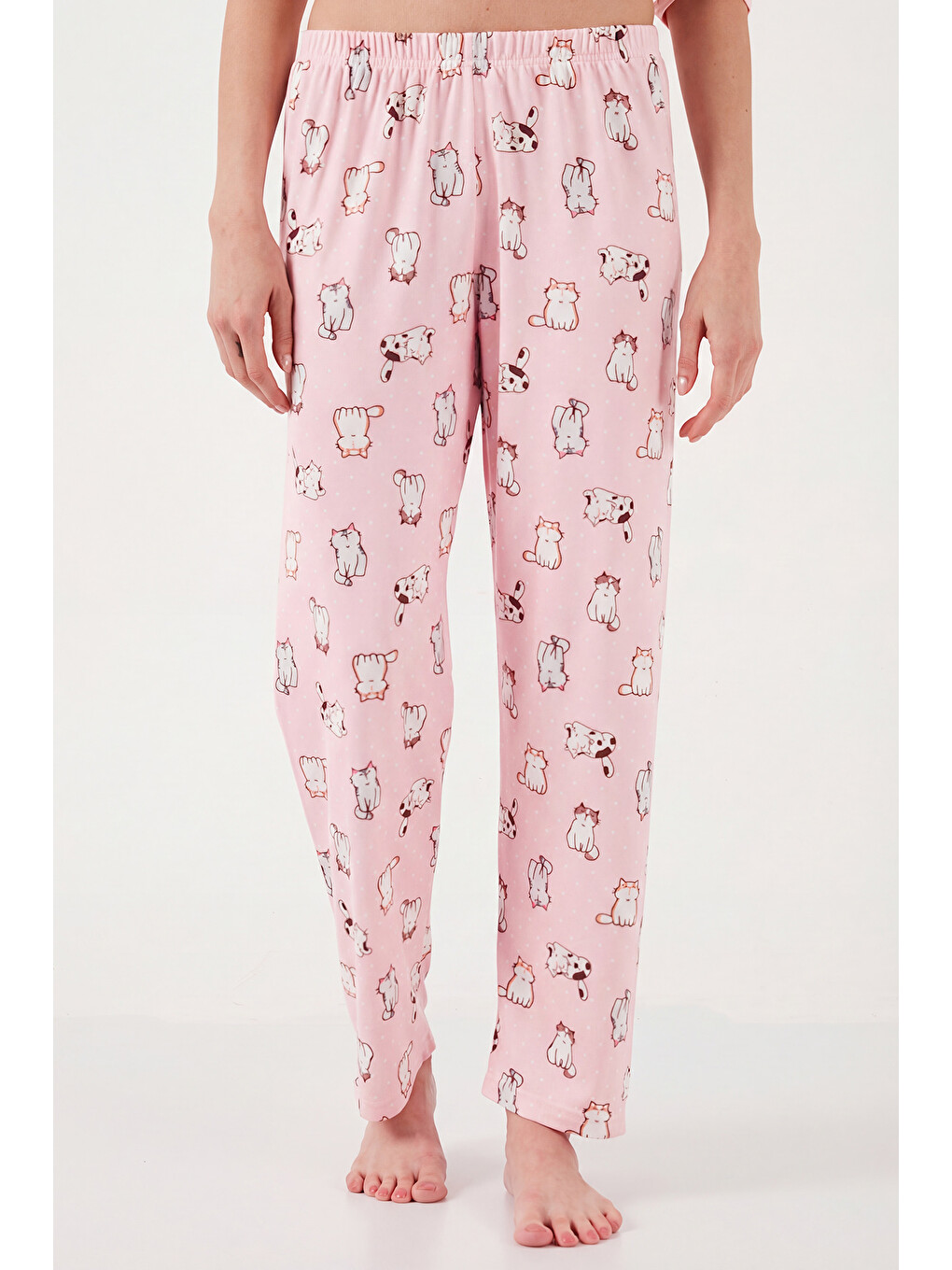 Pembe Desenli Regular Fit Apaş Yaka Beli Lastikli Bol Paça Kadın Pijama Takımı 65714300-5