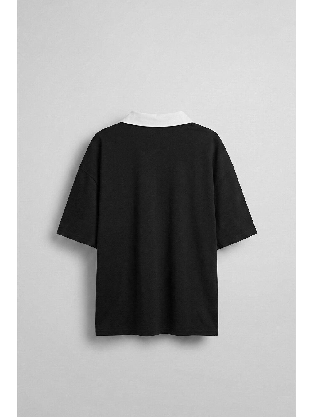 Erkek Oversize Polo Yaka Dokulu Esnek Rahat Baskılı T-Shirt Siyah-1