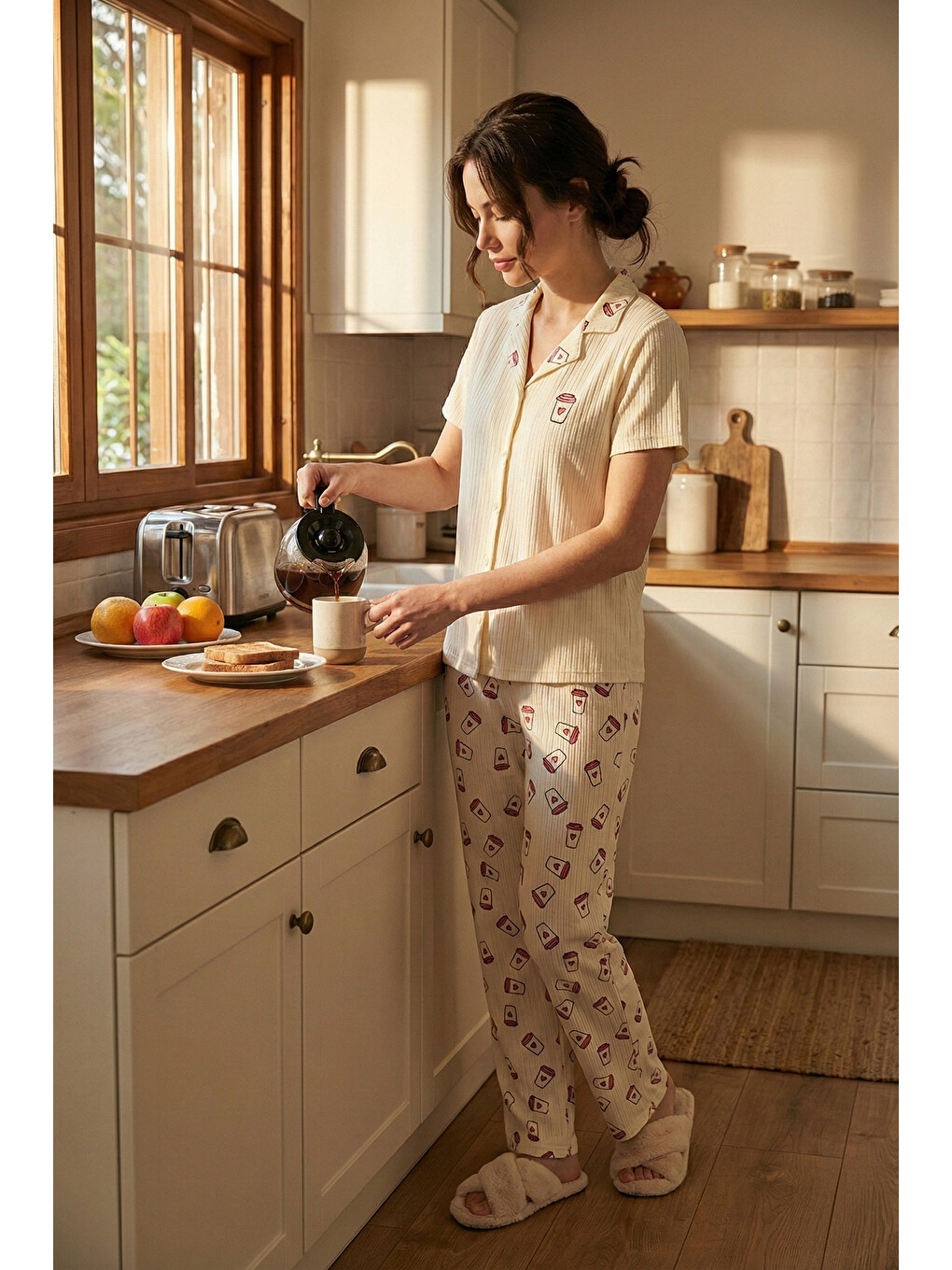 Bej Regular Fit Gömlek Yaka Kısa Kollu Pijama Takımı 65740102
