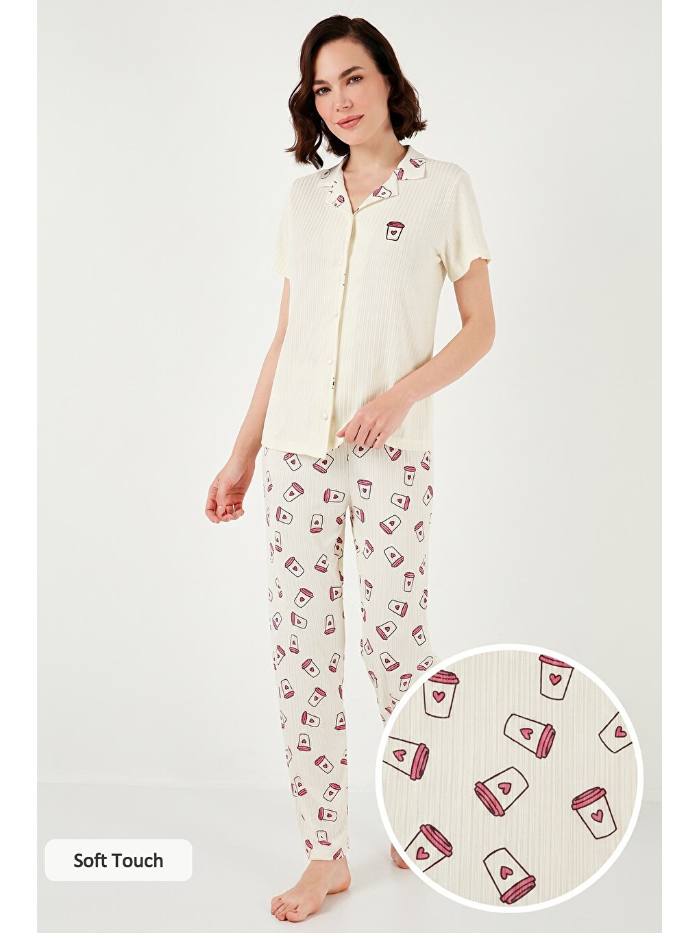 Bej Regular Fit Gömlek Yaka Kısa Kollu Pijama Takımı 65740102-1