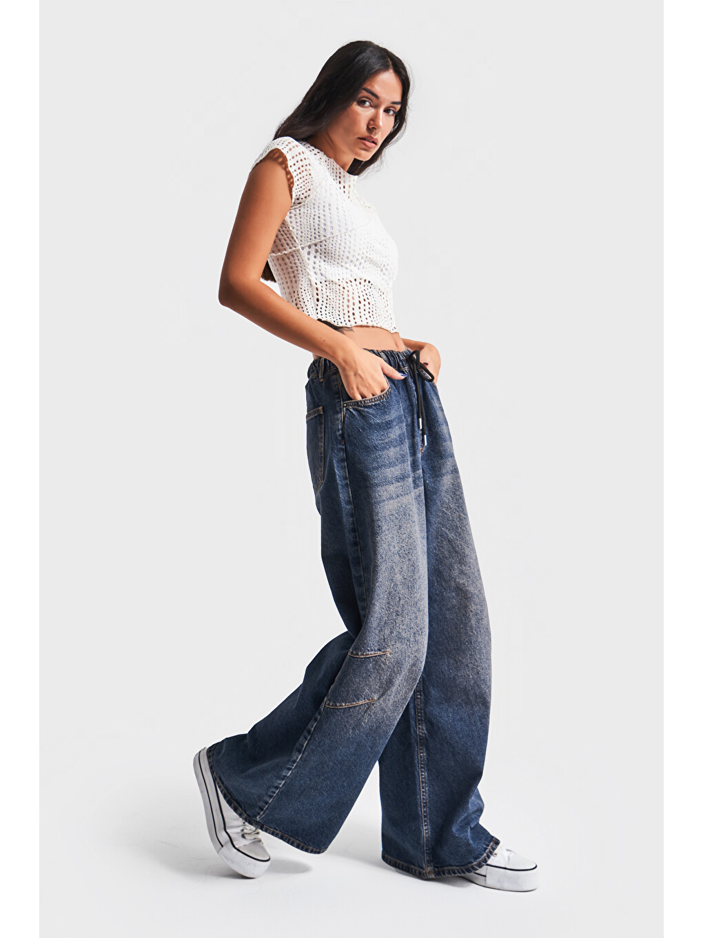 Mavi Bağcıklı Palazzo Fit Beli Laslikli Denim Jean-1