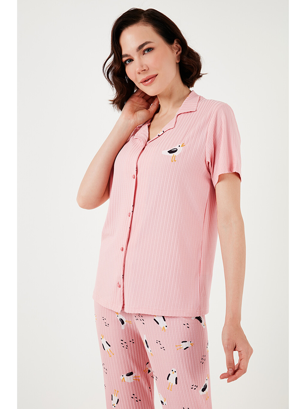 Pembe Regular Fit Gömlek Yaka Kısa Kollu Pijama Takımı 65740102-2