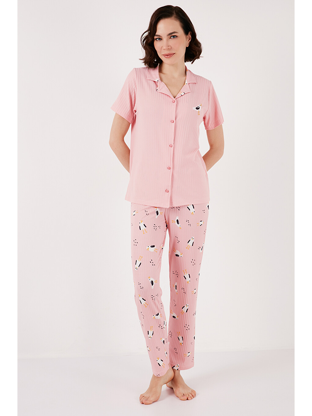 Pembe Regular Fit Gömlek Yaka Kısa Kollu Pijama Takımı 65740102-4