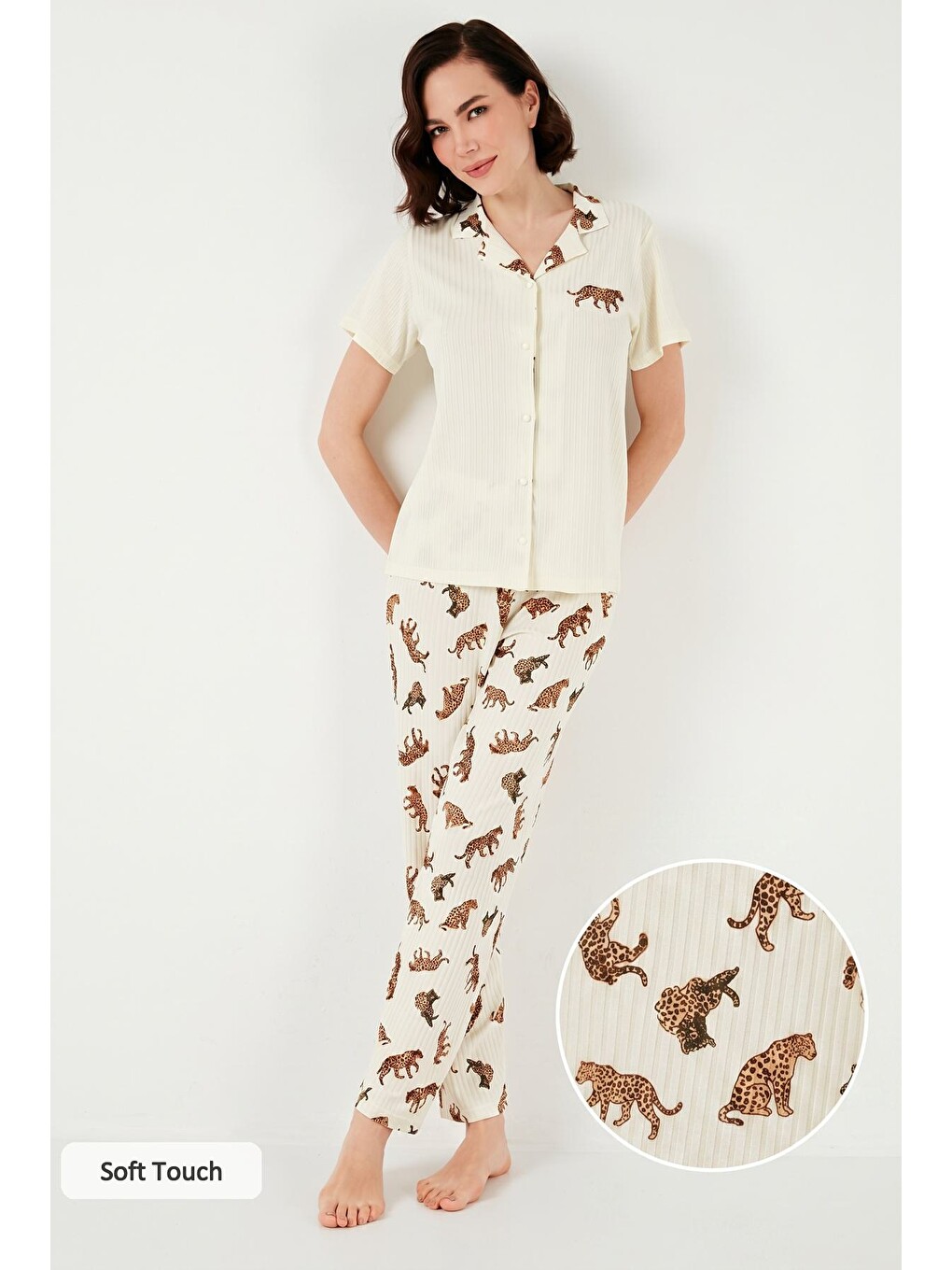 Bej Regular Fit Gömlek Yaka Kısa Kollu Pijama Takımı 65740102-1