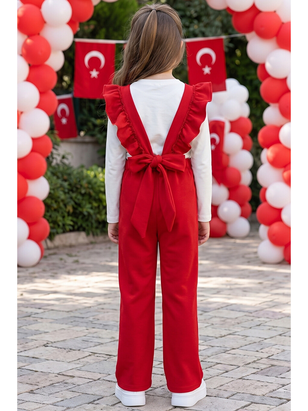 Kız Çocuk Berlin Kırmızı Pamuklu Fırfırlı Bağlama Detaylı Salopet Tulum 29 Ekim Gösteri Kıyafeti-1