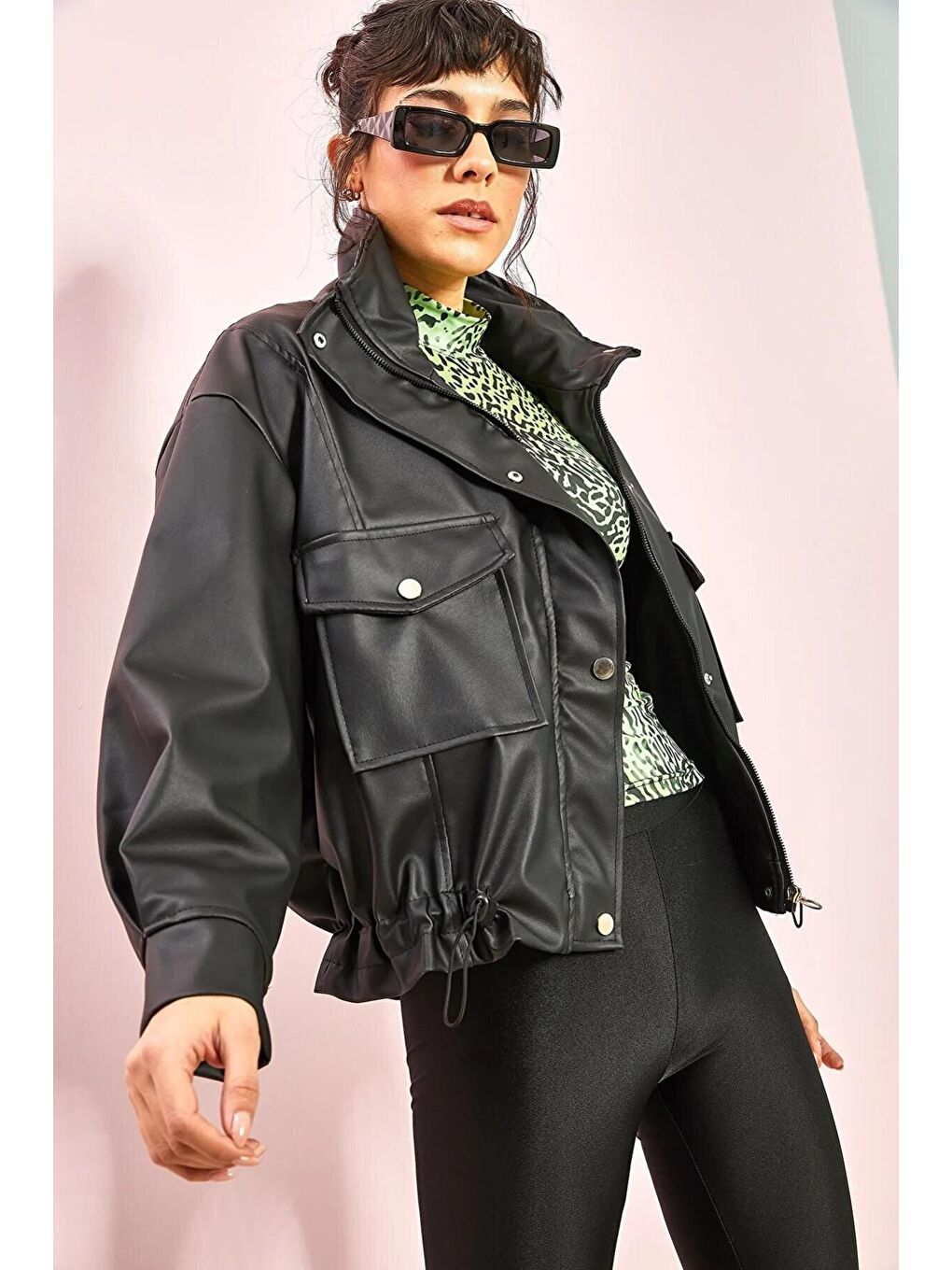 Siyah Kadın Çift Büyük Cepli Deri Ceket-4