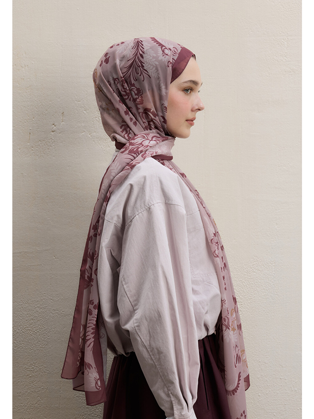 Pembe Rosella Desen İpek Krep Şal Gülkurusu-3