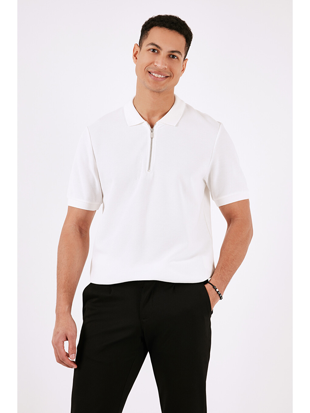 Ekru Pamuklu Regular Fit Fermuarlı Polo Yaka %100 Pamuk Tişört 5902434-2
