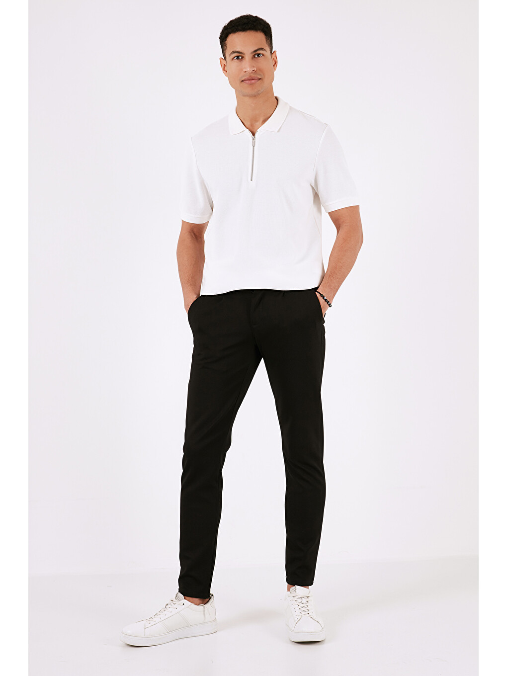 Ekru Pamuklu Regular Fit Fermuarlı Polo Yaka %100 Pamuk Tişört 5902434-3