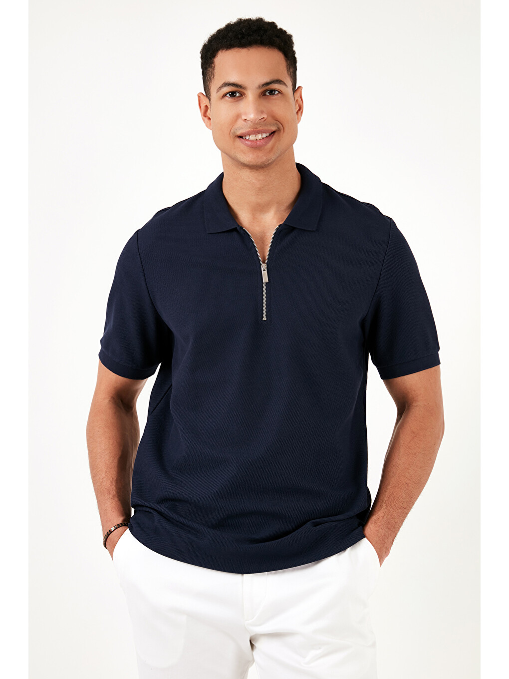 İndigo Pamuklu Regular Fit Fermuarlı Polo Yaka %100 Pamuk Tişört 5902434-2