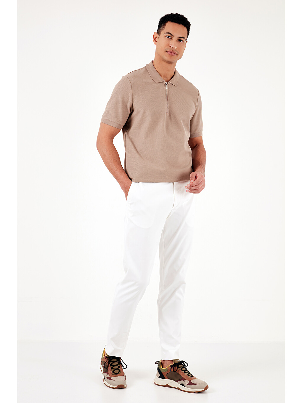 Bej Pamuklu Regular Fit Fermuarlı Polo Yaka %100 Pamuk Tişört 5902434-2