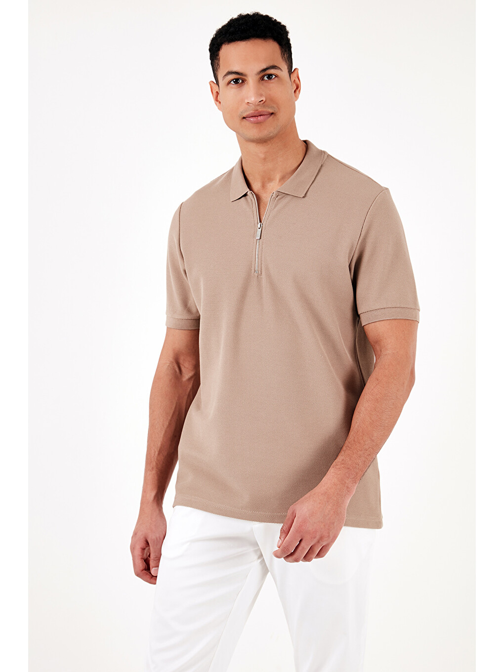 Bej Pamuklu Regular Fit Fermuarlı Polo Yaka %100 Pamuk Tişört 5902434-3