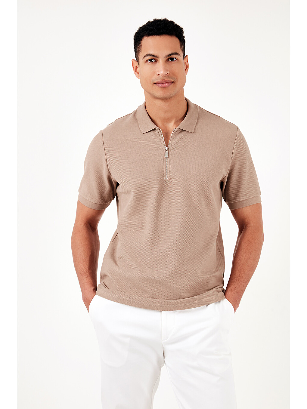 Bej Pamuklu Regular Fit Fermuarlı Polo Yaka %100 Pamuk Tişört 5902434-4