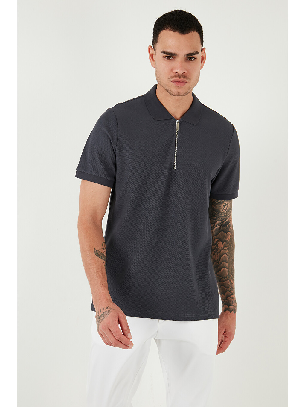 Antrasit Pamuklu Regular Fit Fermuarlı Erkek Polo Yaka %100 Pamuk Tişört 5902434-3