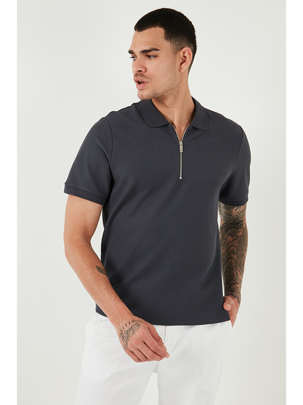 Antrasit Pamuklu Regular Fit Fermuarlı Erkek Polo Yaka %100 Pamuk Tişört 5902434-4