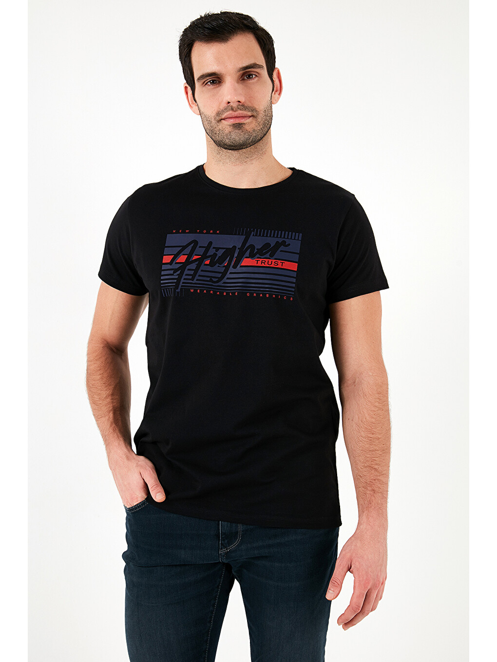 Siyah Pamuklu Slim Fit Bisiklet Yaka Baskılı %100 Pamuk Tişört 541hıgher-5