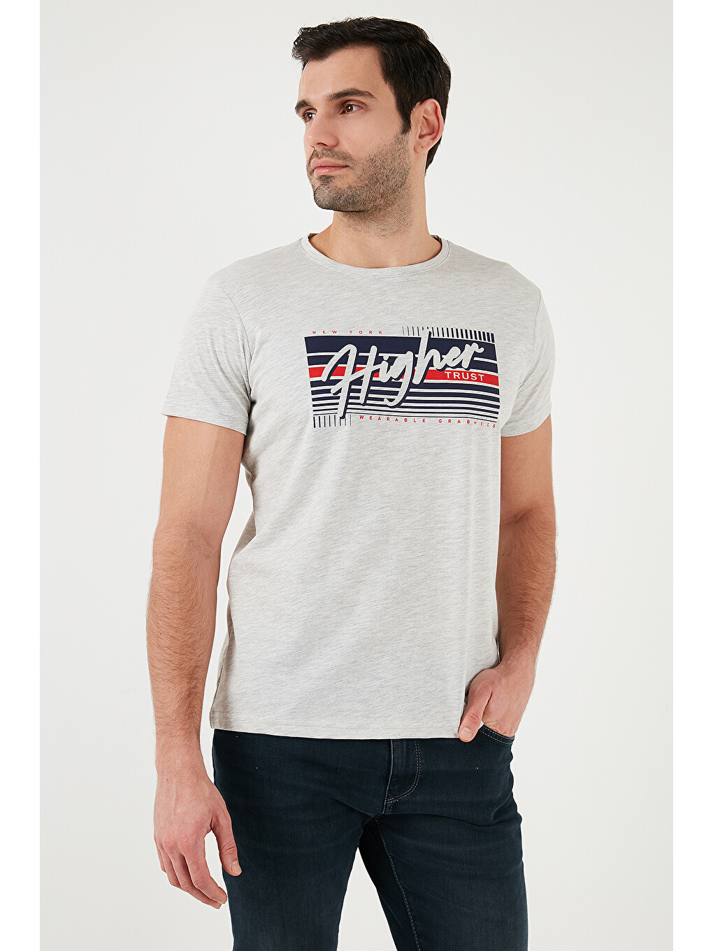 Antrasit Pamuklu Slim Fit Bisiklet Yaka Baskılı %100 Pamuk Tişört 541hıgher-2