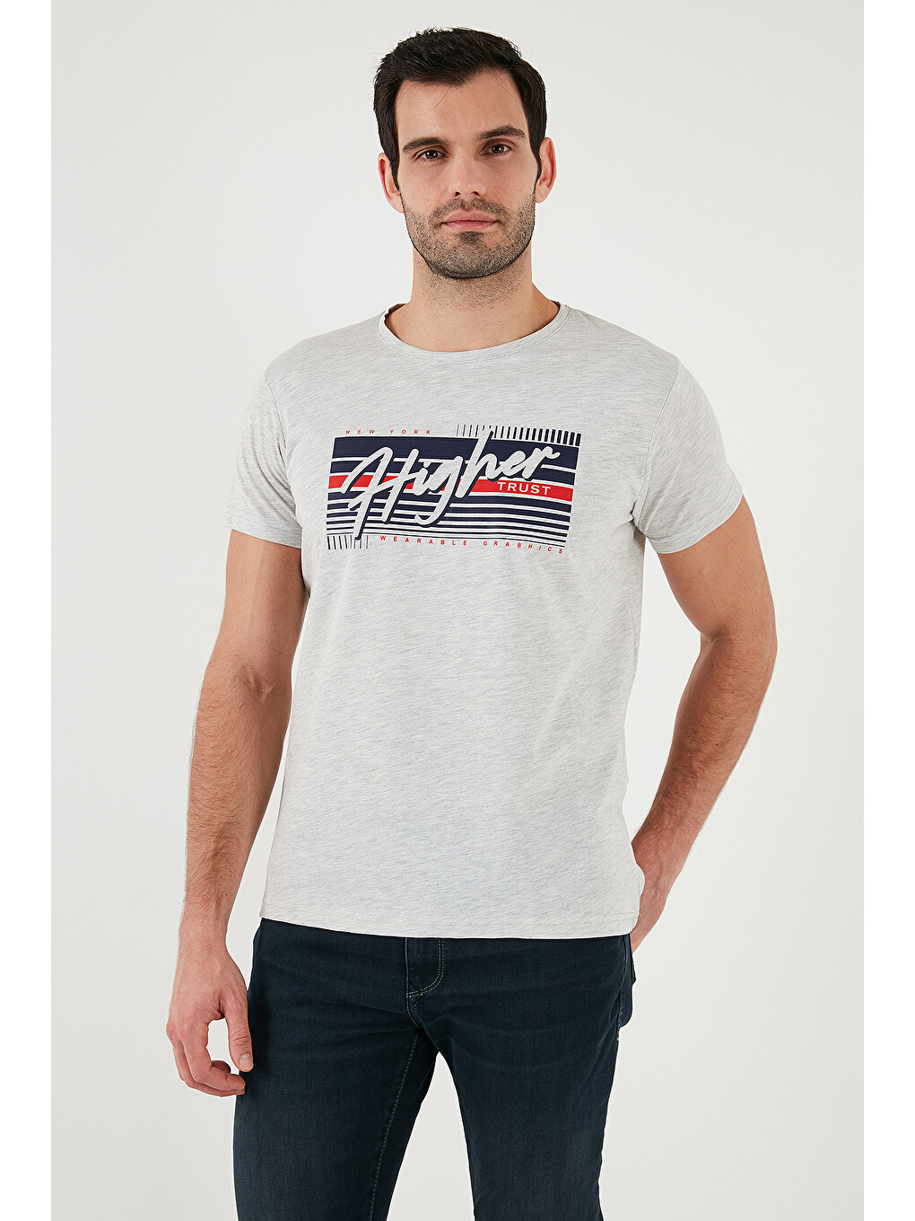 Antrasit Pamuklu Slim Fit Bisiklet Yaka Baskılı %100 Pamuk Tişört 541hıgher-3