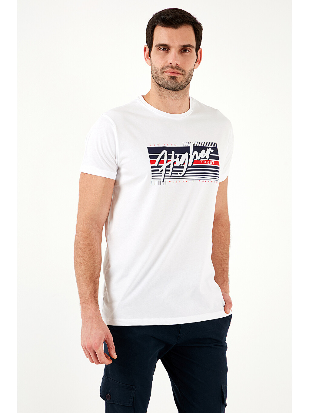 Beyaz Pamuklu Slim Fit Bisiklet Yaka Baskılı %100 Pamuk Tişört 541hıgher-2