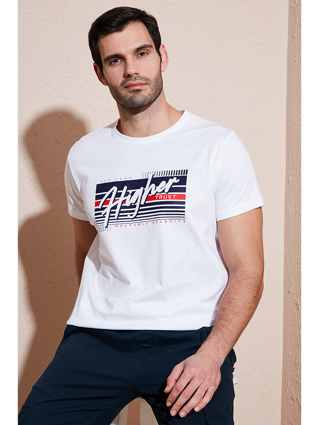 Beyaz Pamuklu Slim Fit Bisiklet Yaka Baskılı %100 Pamuk Tişört 541hıgher-3