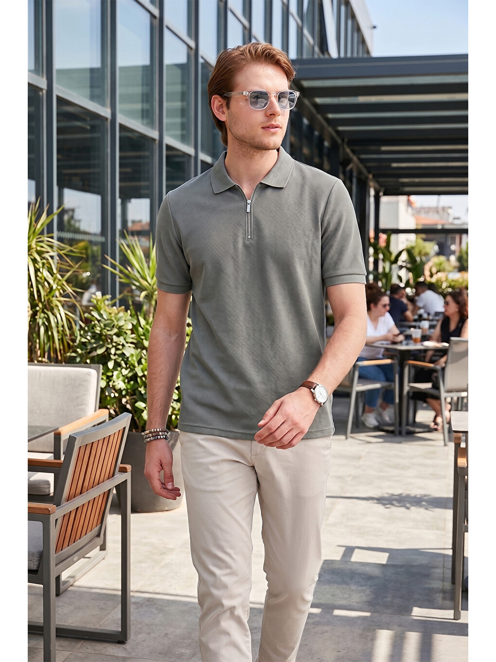 Haki Pamuklu Regular Fit Fermuarlı Erkek Polo Yaka %100 Pamuk Tişört 5902434